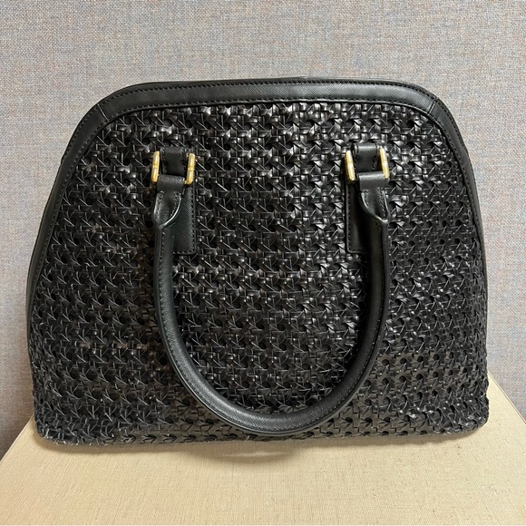 Tory Burch Robinson Basket-Weave Top Handle Black Satchel - Picture 3 of 12